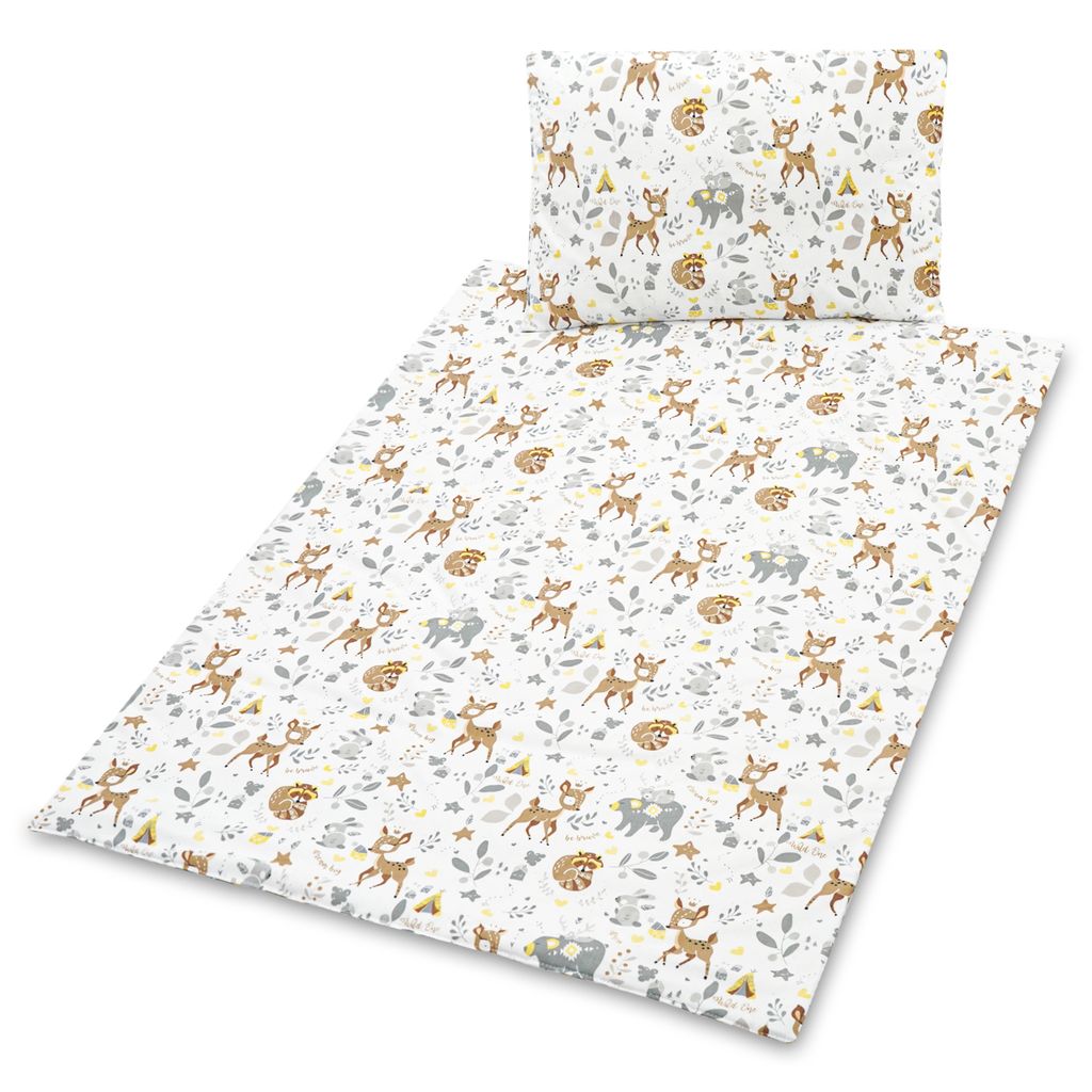 A baby bedding set with a woodland animal pattern, including a pillow and a duvet, laid out flat on a white background.