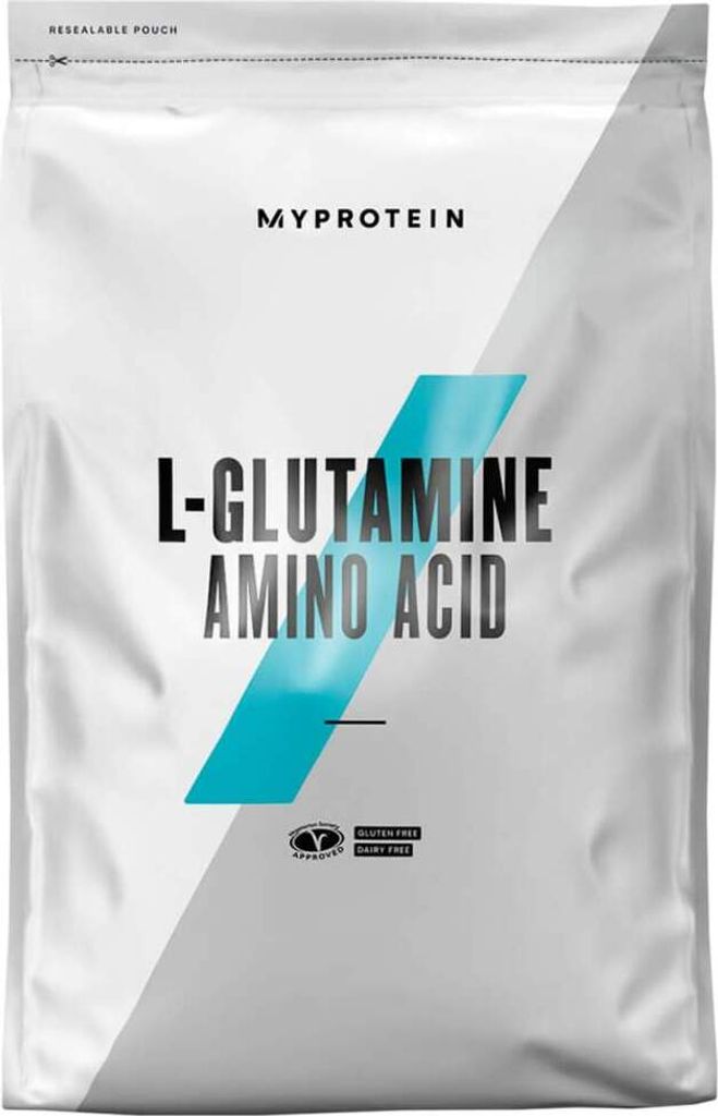 A white bag of MyProtein L-Glutamine Amino Acid.