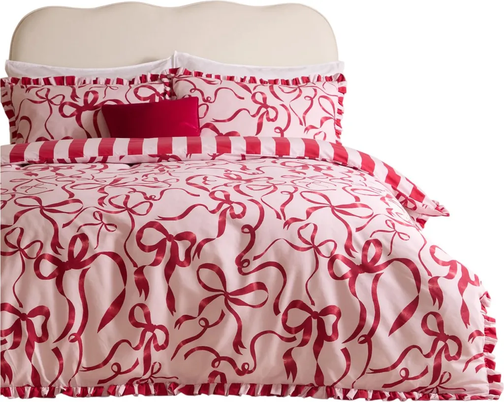 Linge de Lit Réversible Furn Lavieen Bows King Size Rose et Rouge