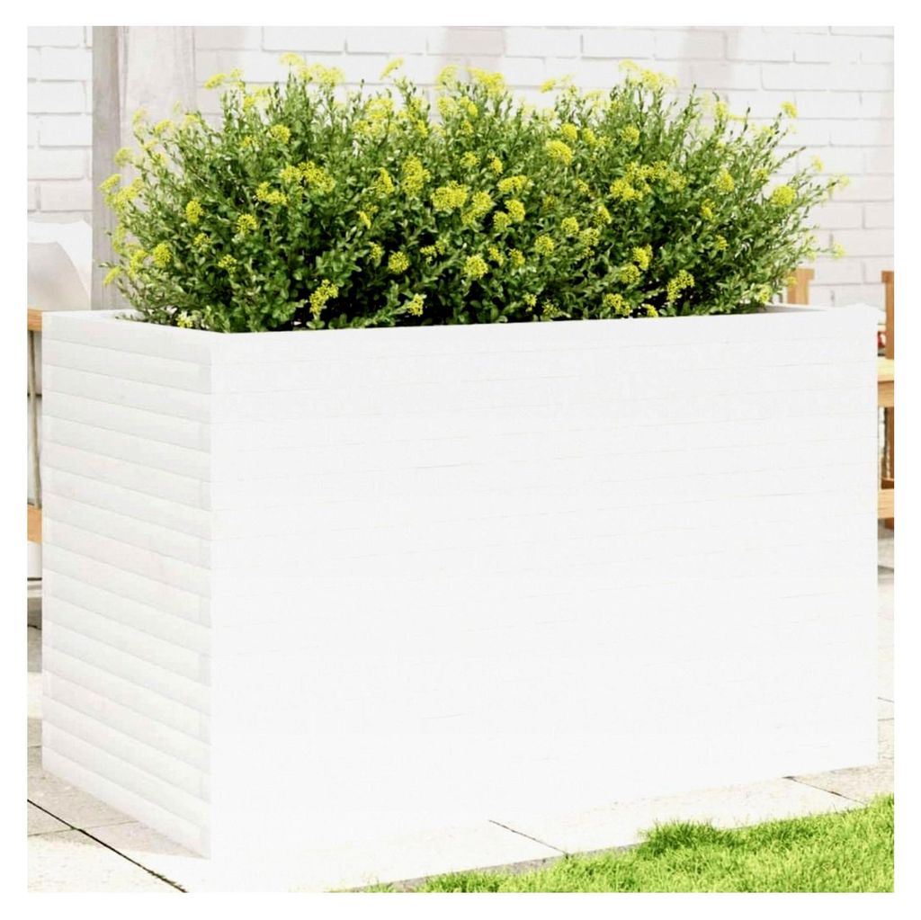 Blumenkasten, weiß, 110 x 60 x 68,5 cm, Kiefernholz, Hochbeet für Garten, Pflanzgefäß für Blumen und Sukkulenten, Terrasse, Balkon