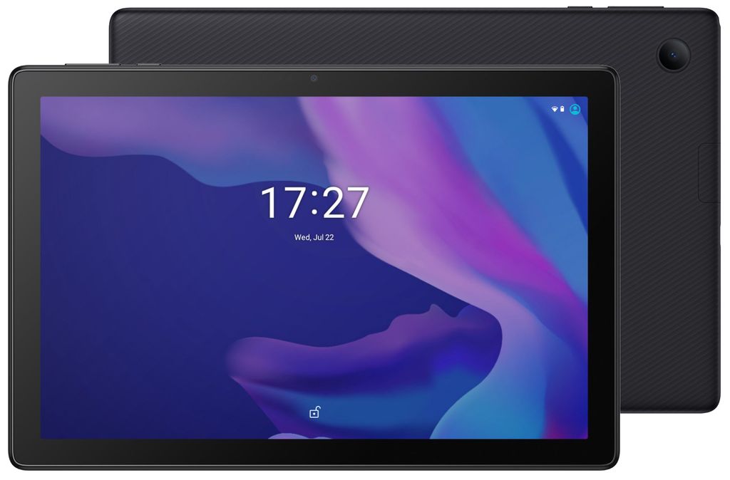 A black Alcatel tablet is shown from the front and back.