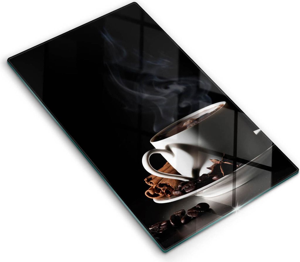 Glasschneideplatte - Herdabdeckplatte - 30x52 cm - Schneidebrett - Spritzschutz - Eine Tasse heißer Kaffee