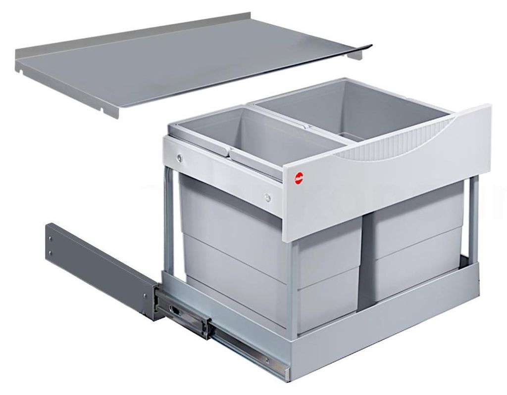 A pull-out kitchen waste bin system with two compartments and a separate shelf.