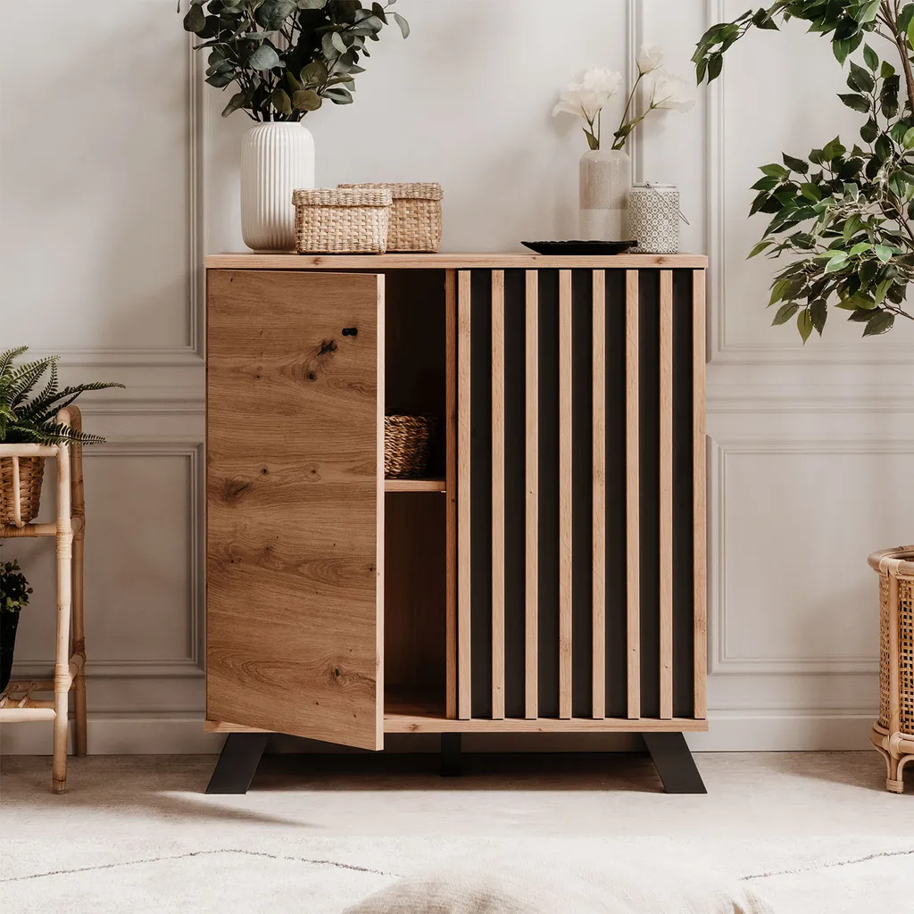 Petit Buffet 80 cm pour Salon et Entrée - Commode Style Industriel Bois Chêne