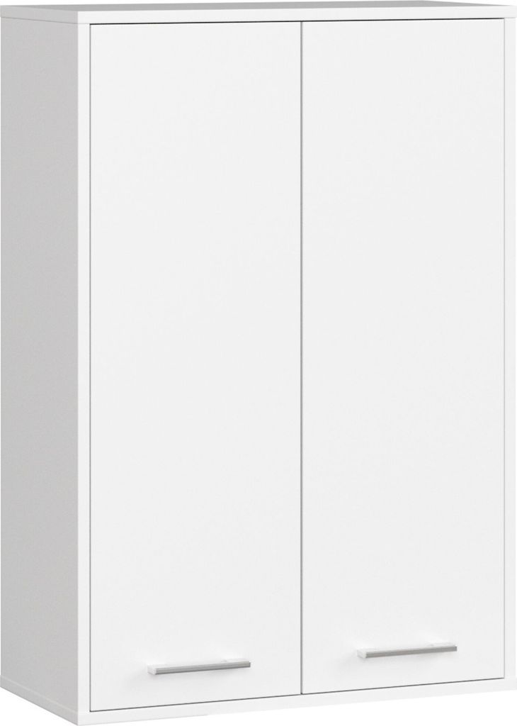 A white cabinet with two doors and two handles.