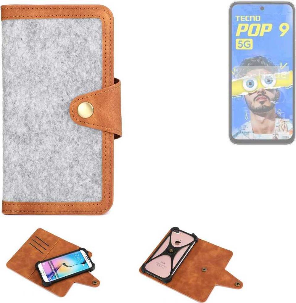 K-S-Trade Handyhülle kompatibel mit Tecno Pop 9 Schutzhülle Filz-Hülle Kunst-Leder hellgrau braun (1x)