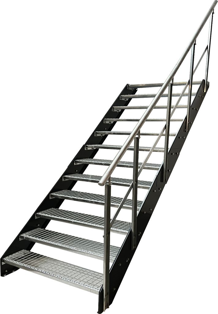 Stahl Wangentreppe Gitterroststufen 12 Stufen Geländer Rechts - Verzinkt & Anthrazit pulverlackierten Wangen - (B x H x T) 100 x 228 x 234 cm