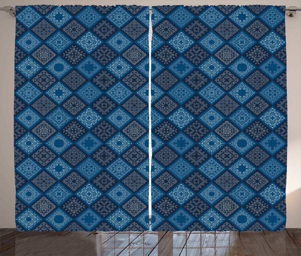 ABAKUHAUS Blau Rustikaler Vorhang, detaillierte Squares, Wohnzimmer Universalband Gardinen mit Schlaufen und Haken, 280 x 175 cm, Türkis Marineblau