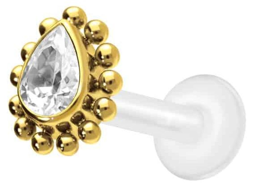 Ohrpiercing, Nasenpiercing PTFE Labret mit Innengewinde + Titan-Aufsatz KRISTALLTROPFEN + KUGELN Gold Stablänge: 7mm | Stabstärke: 1,6mm