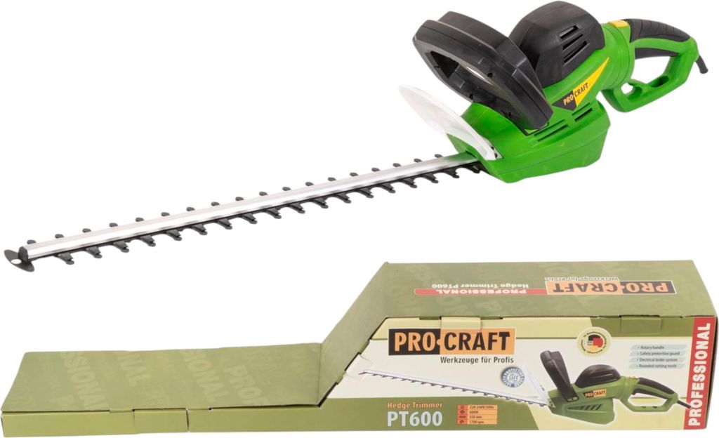 A Procraft PT600 electric hedge trimmer and its packaging are shown against a white background.