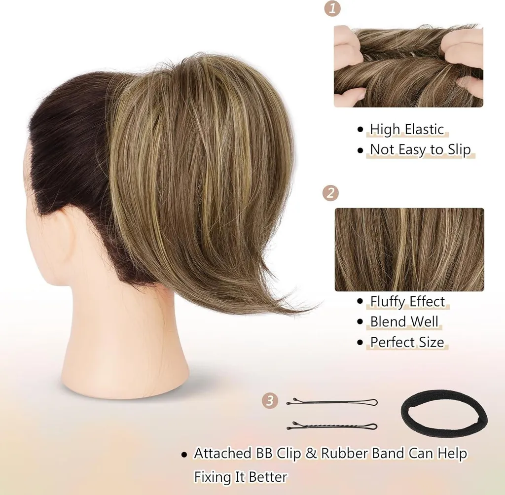 BARSDAR Parrucchino Bun Ponytail Sintetico 20cm Marrone Biondo Cenere - 3