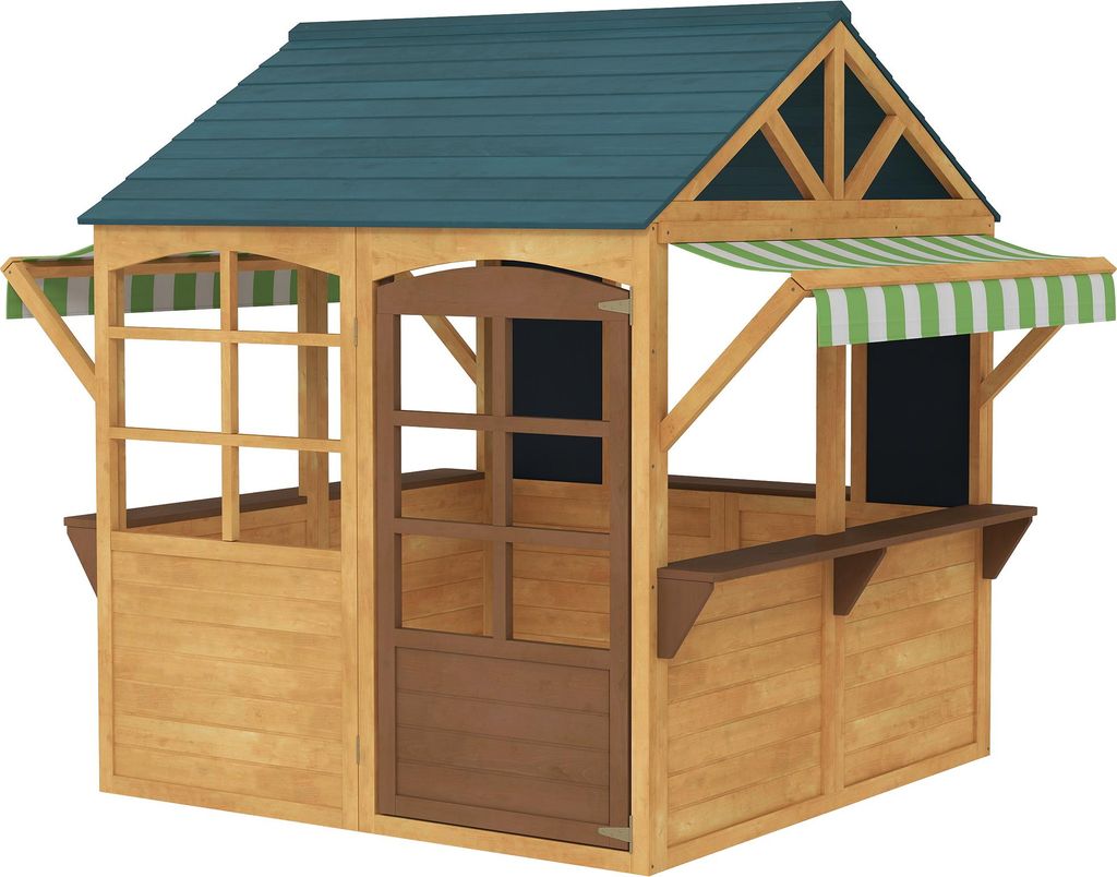 Kinderspielhaus aus Tannenholz, Faltbares Häuschen mit Fenstern, Tür, für Kinder im Alter von 3-8 Jahren, Braun+Blau