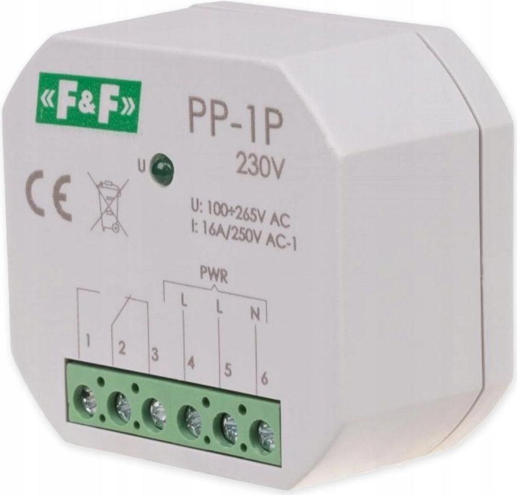 A white electrical relay device with green and black labeling, shown from a slightly elevated front-left angle.