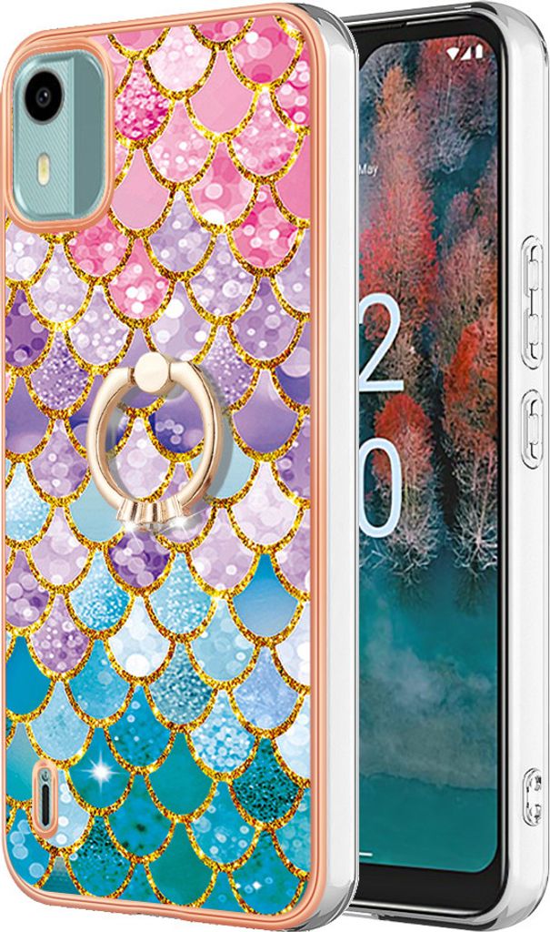 Hülle für Nokia C12 Muster TPU Silikon Stoßdämpfer Bumper Schutzhülle mit Ring Ständer Bunt