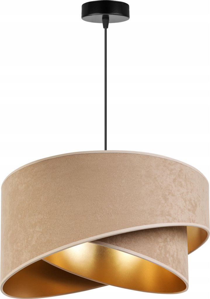 A pendant lamp with a beige fabric shade and a gold interior, suspended from a black cord and ceiling mount.