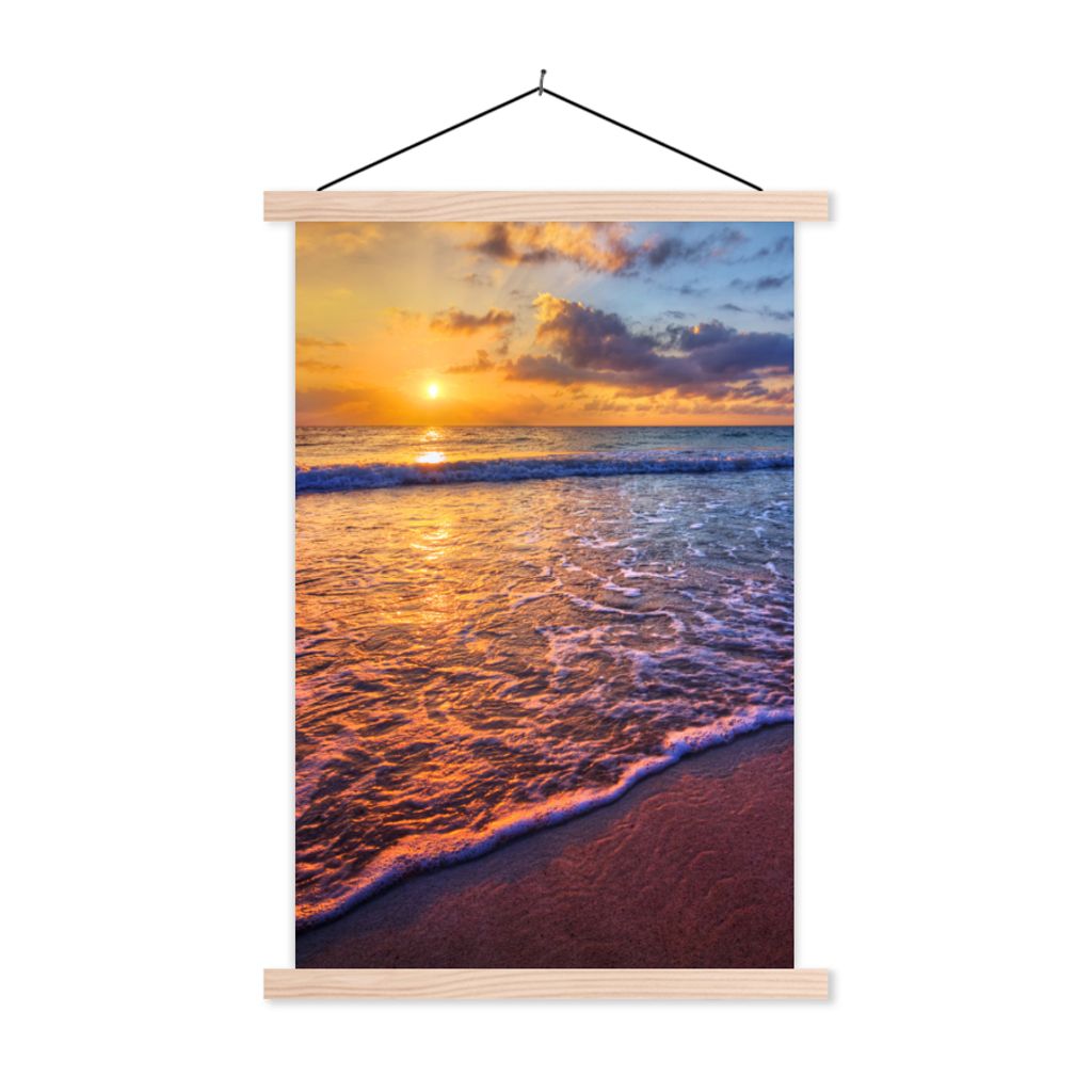 MuchoWow Textilposter Meer - Strand - Sonnenuntergang - Wolken - Horizont 40x60 cm mit holzfarbenen Rahmen - Poster