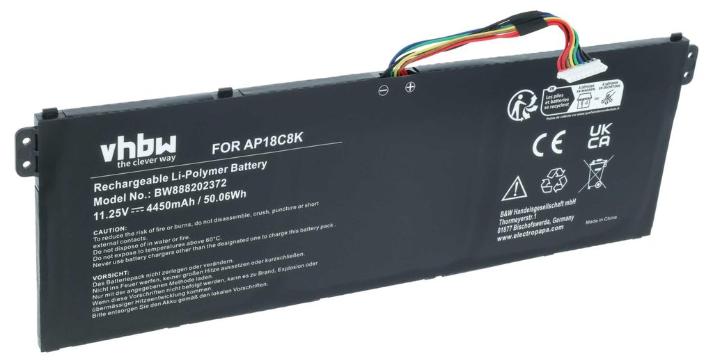 vhbw Akku kompatibel mit Acer Swift 3 SF314-57G-75GE, 3 SF314-57G-73WL, 3 SF314-57G-7448, 3 SF314-57G-73VU Notebook (4450 mAh, 11,25 V, Li-Polymer)