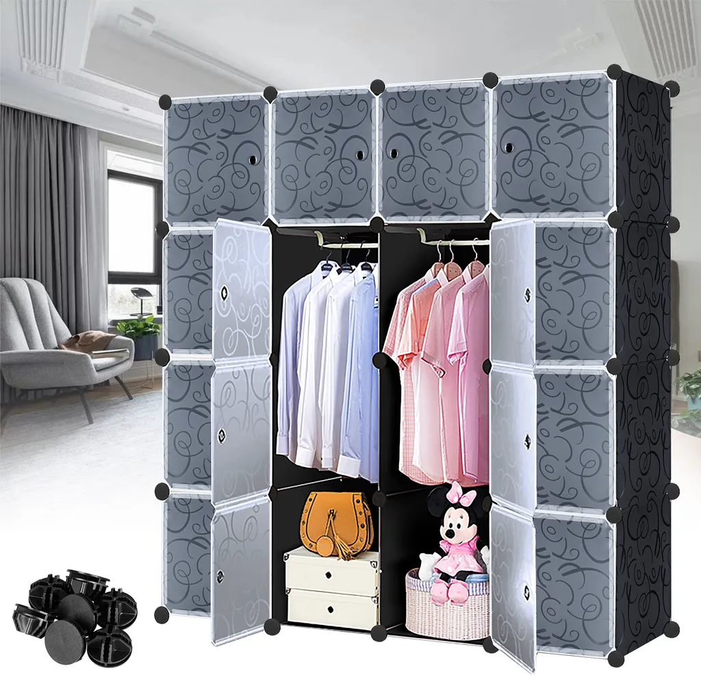 LZQ Système d'Étagères DIY 16 Cubes avec Portes - Modulable Noir à Motif