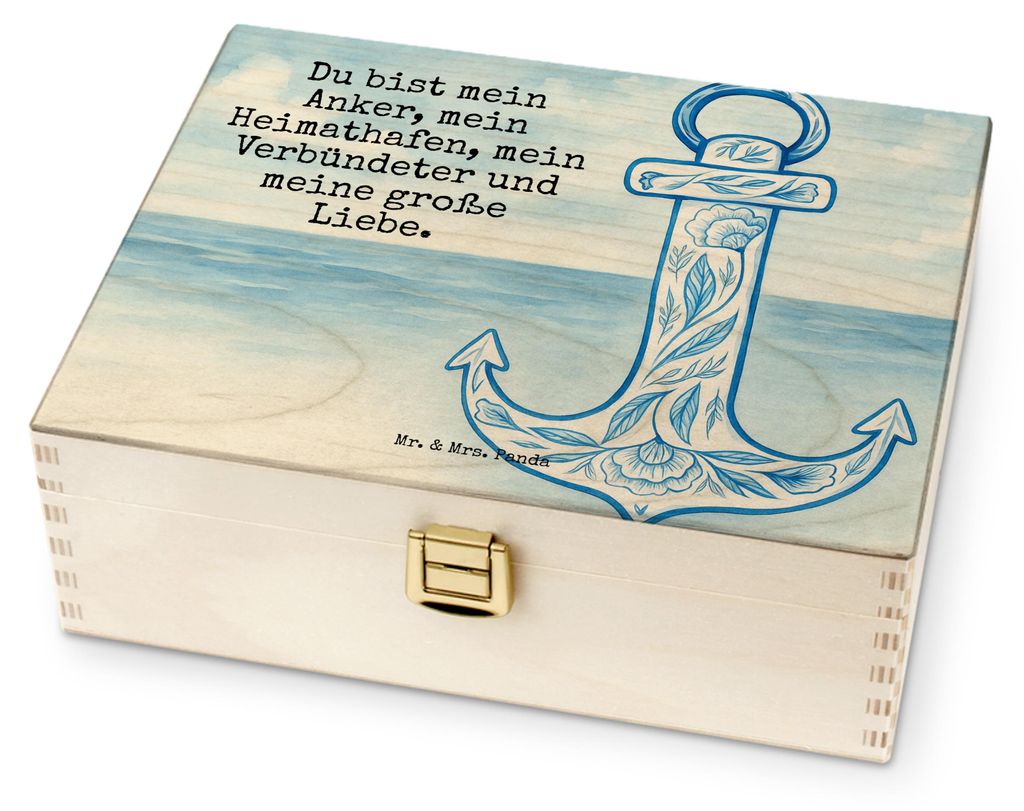 Mr. & Mrs. Panda Tee Box Anker Blau Design - Weiß - Geschenk, Teebox, Teebehälter, Organizer, Teedose, Lustige Sprüche, Holz, teebeutelbehälter