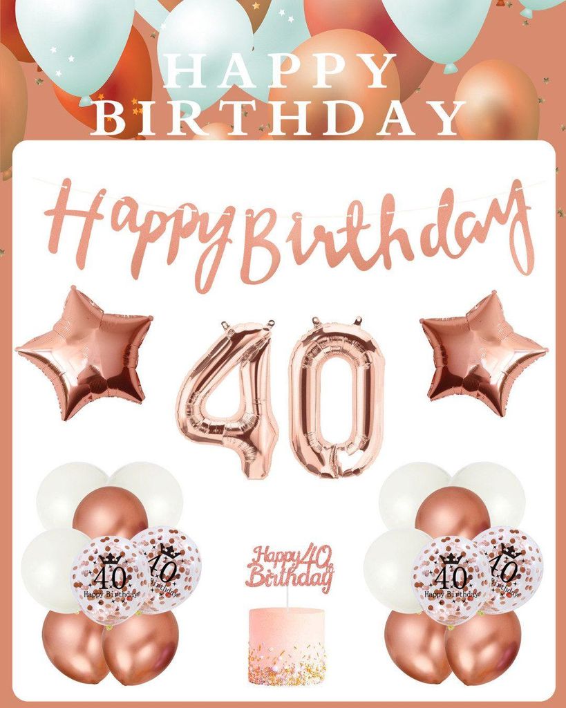 Aufblasbares Partyzubehör 40. Geburtstag Deko Set Roségold mit Luftballons, Girlande, Zahlenballon, Konfetti – Mottoparty Deko