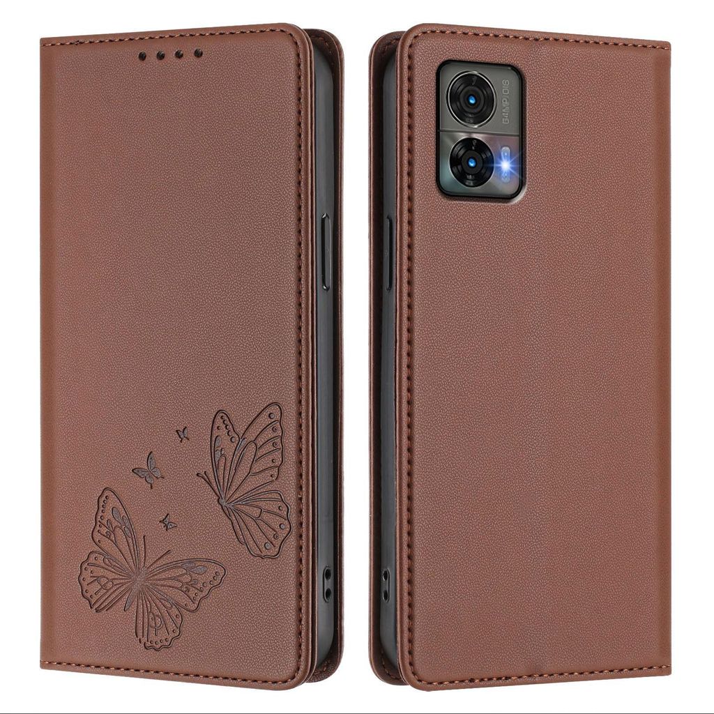 Lederhülle für Motorola Edge 30 Neo, Schmetterling Prägung Leder Brieftasche Schutzhülle mit Ständer Braun