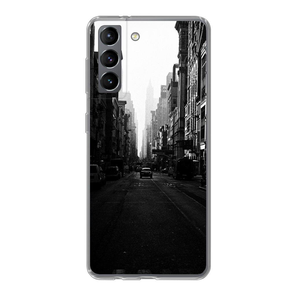 MuchoWow Handyhülle Schutzhülle Hülle für Samsung Galaxy S21 Autofahrt durch eine ruhige Straße in New York in schwarz-weiß Silikon Softcas...