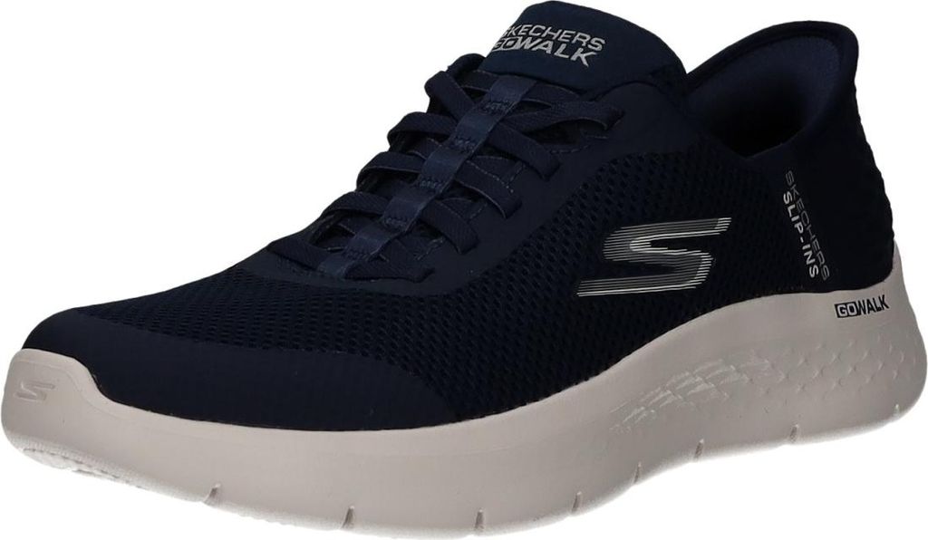 A single navy blue Skechers Go Walk sneaker is shown from a side-diagonal angle against a white background.