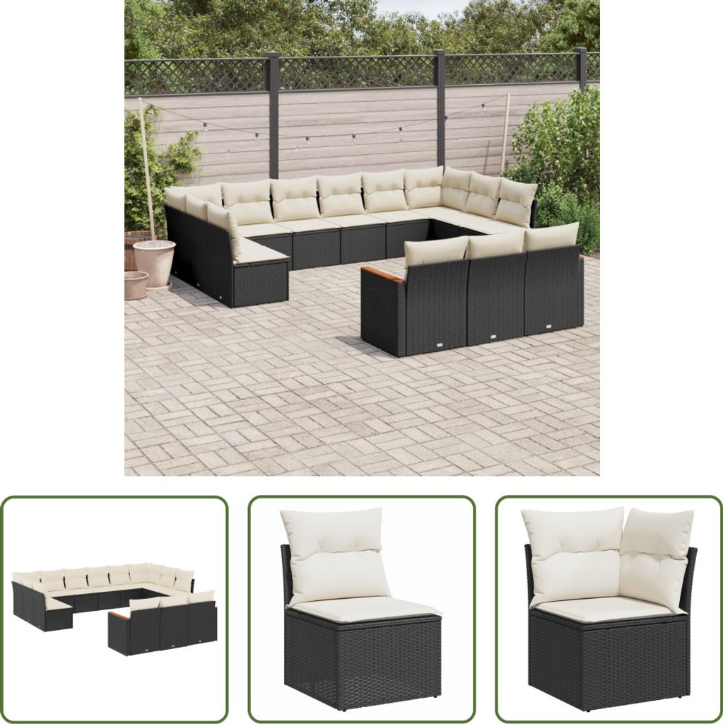 The Living Store 13-tlg. Garten-Sofagarnitur mit Kissen Schwarz Poly Rattan