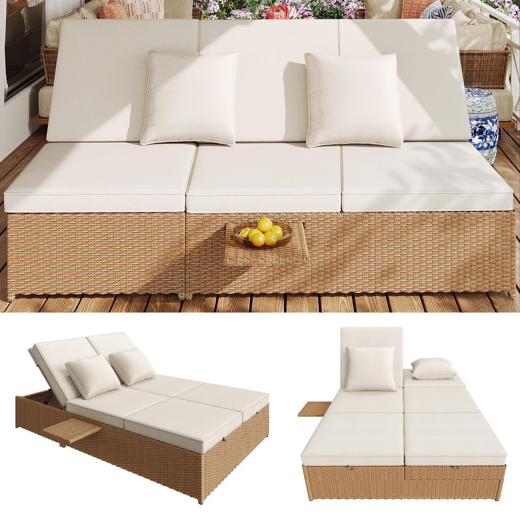 Doppel-Sonnenliege Rattan 199x120cm, Gartenliege mit verstellbarer Rückenlehne, wetterfestes Outdoor Daybed inkl. 7,5cm Polster, Weiß