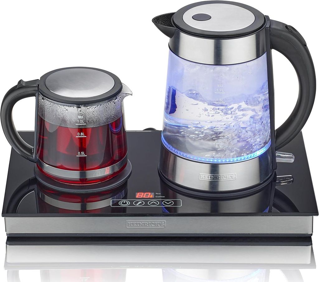 HEINRICHS Teestation, Tee-und Kaffeestation, Wasserkocher 1,7L und Teekanne 1L mit Edelstahlfilter, Basis mit LED Display und Sensor-Touchbedienung