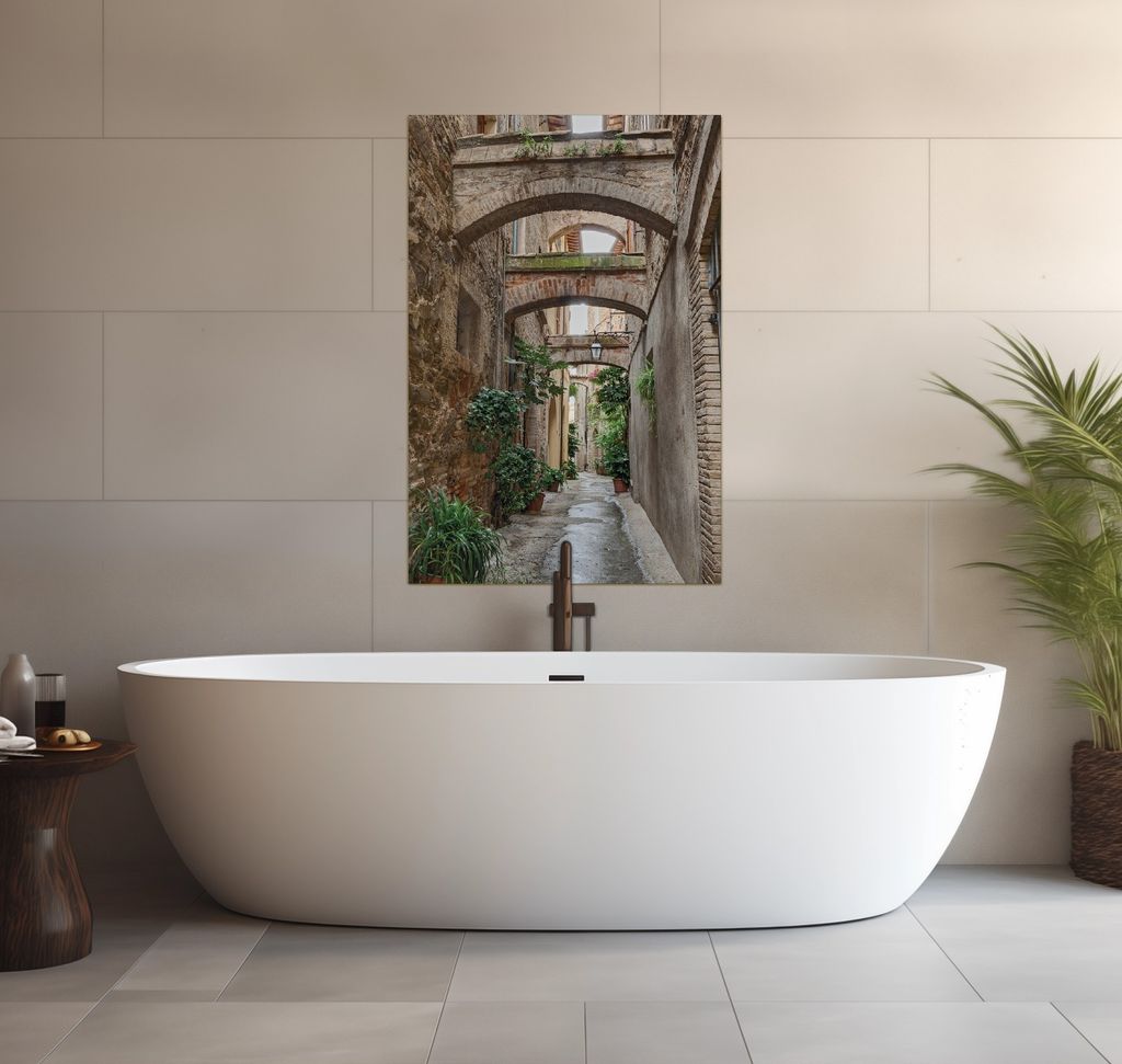 Wallario wasserfestes Poster selbstklebend 91,50 x 61 cm, Grüne italienische Gasse - mit alten Bögen, Badezimmerposter Spritzschutz mit Hochglanz...