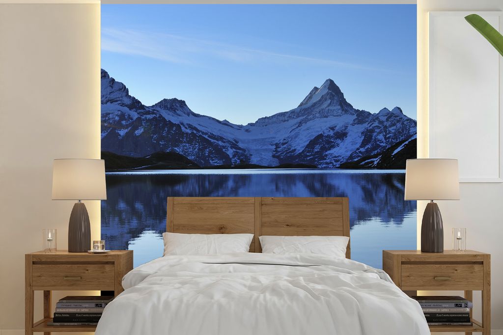 MuchoWow Fototapete für Wohnzimmer oder Schlafzimmer Wandtapete Vinyl Motivtapete Alpen - Berg - Wasser - Schnee - 220x220 cm - Tapeten