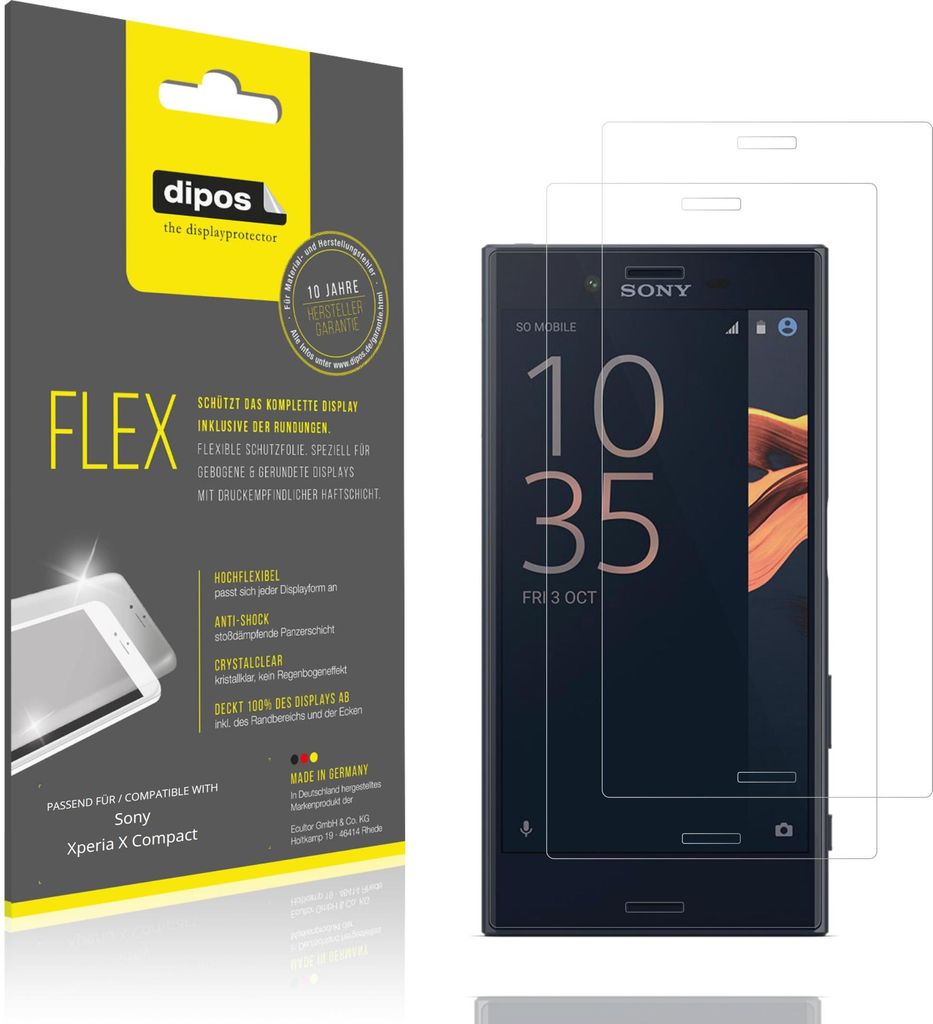 2x Schutzfolie für Sony Xperia X Compact Folie, 100% Displayabdeckung, dipos Flex