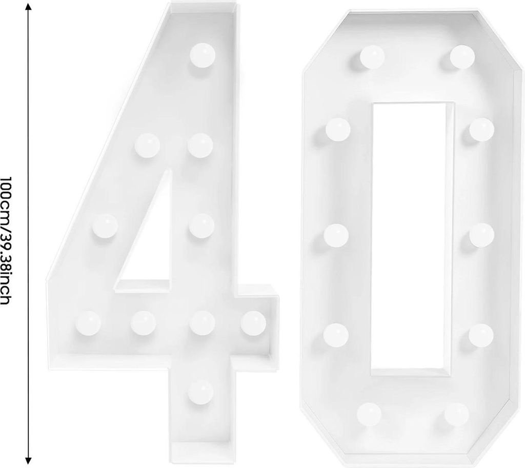 LED Leuchtzahl 40 - Freistehendes Zahlenschild - 100 cm Hoch - 20 LEDs Warmweiß - Batteriebetrieben 6×AA - Indoor Geburtstagsdeko - Fluoreszieren...
