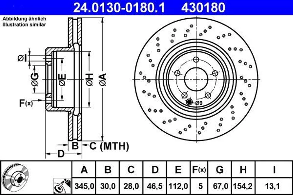 Disque de frein ATE 24.0130-0180.1 pour Mercedes Classe C CLK SLK OE