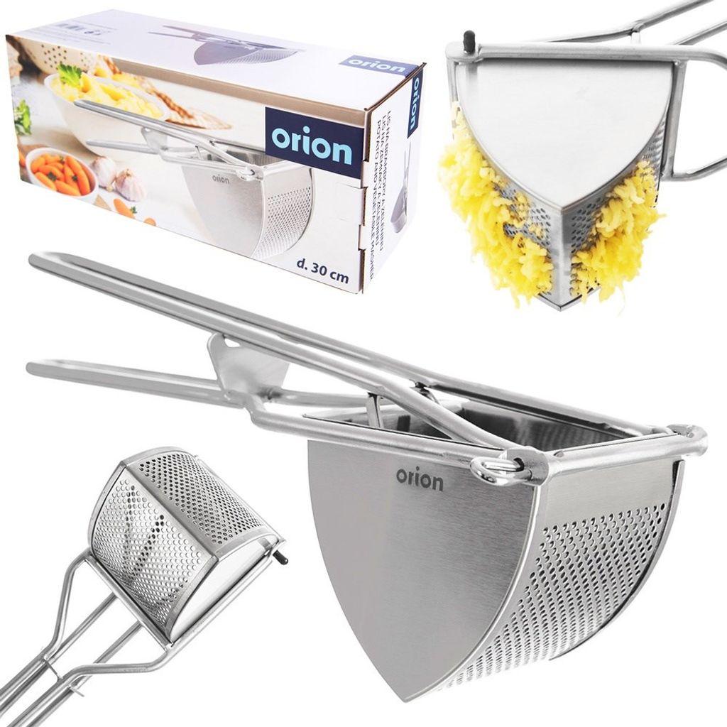 A collage of images showing a potato press and its packaging.
