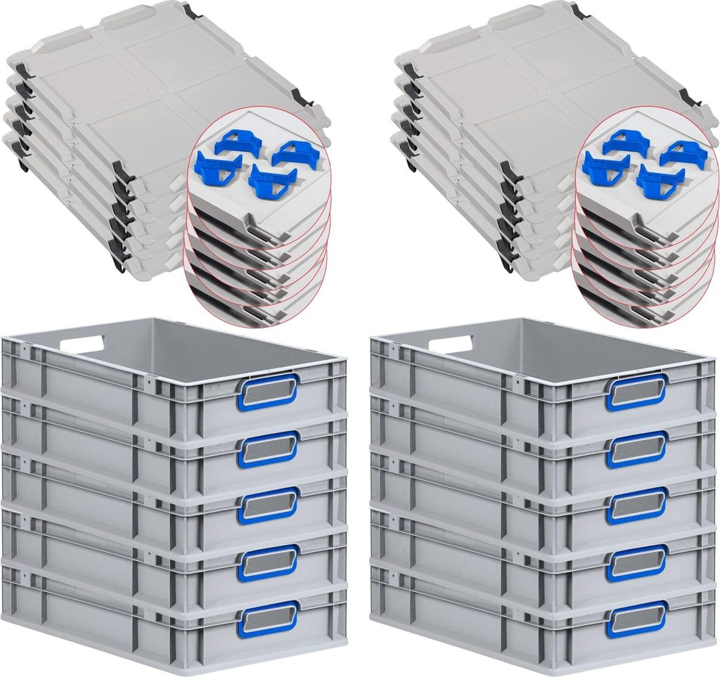 SparSet 10x Eurobox NextGen Color mit Auflagedeckel und Schiebeschnappverschlüsse | HxBxT 12x40x60cm | 23 Liter | Griffe blau offen | Glatter Bode...