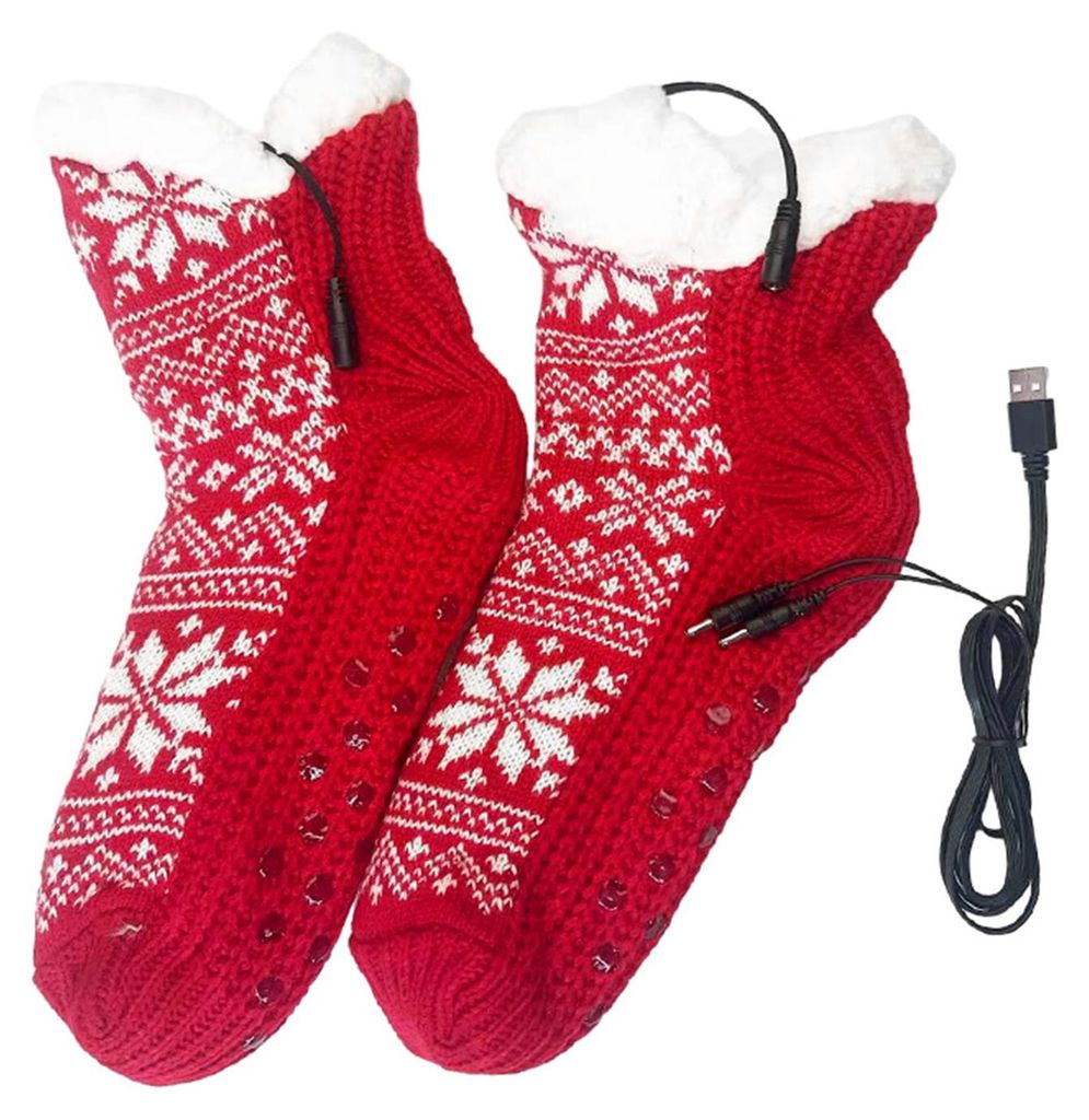 Paar elektrisch beheizbare Socken, Unisex, Winter, gestrickt, flauschig, Fleece, Hausschuhe, rutschfest, mit Wärmekissen, Fußwärmer