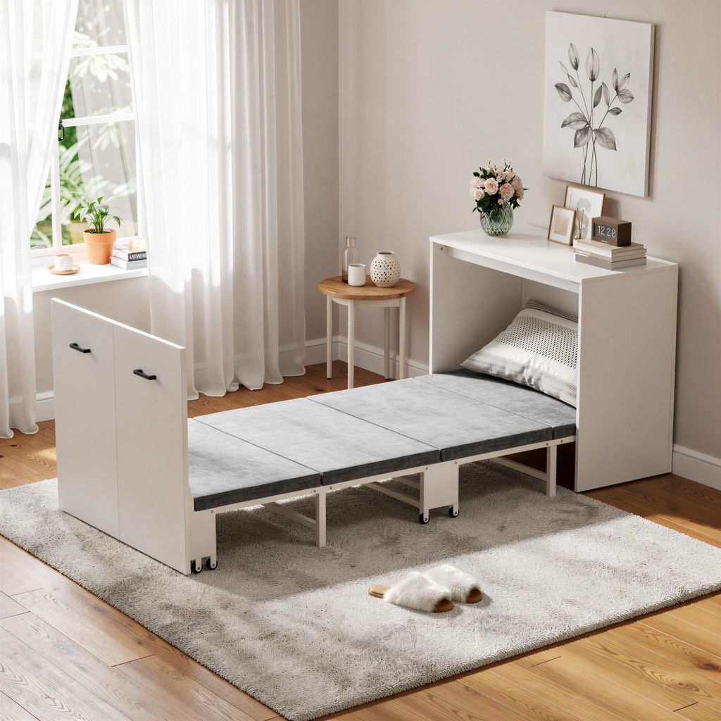 Schrankbett mit Matratze, klappbares Gästebett im Schrank,Platzsparendes Klappbett auf Rollen, 2-in-1 Möbel für Wohnzimmer & Gästezimmer, Weiß