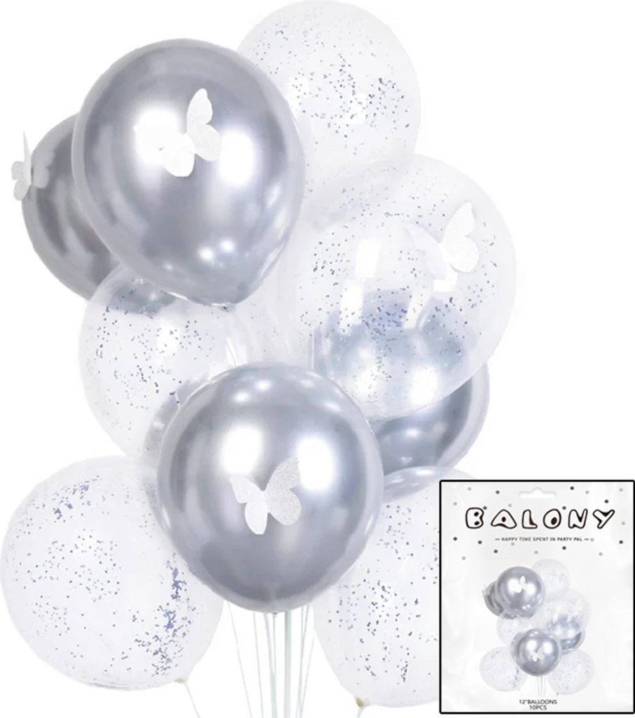 Satz Ballons Mit Konfetti Und Schmetterlinge Silber Für Geburtstag Metallisch
