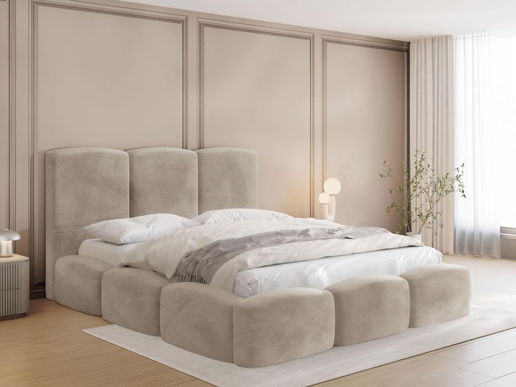 Polsterbett 200x200 mit Bettkasten und Lattenrost – Creme Bett mit hohem Kopfteil, Boucle oder Samt Stoff - Modernes Doppelbett mit Stauraum – ...