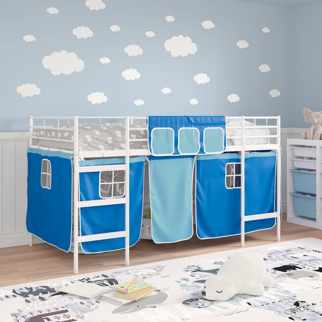 Eleganter Möbel Kinder Loft Bettgestell mit Vorhängen Weiß und Blau 90 x 200cm - CJG158875 - Klassische BettenJugendbett Tagesbett
