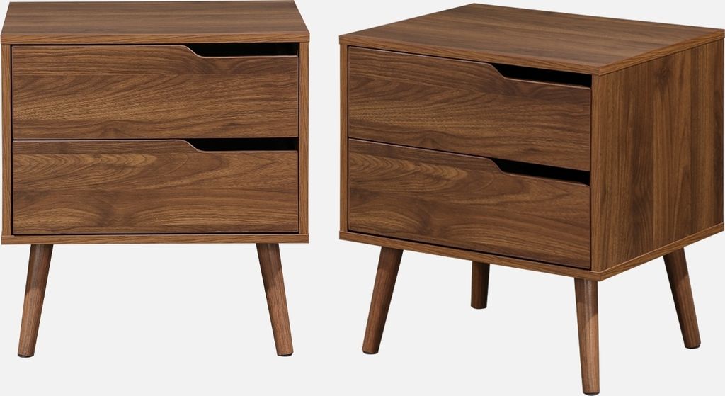 Two brown wooden nightstands with two drawers each, shown from the front.