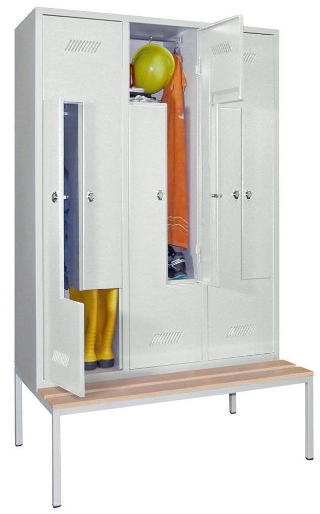 Z-Garderoben, untergeb. Sitzbank, Bucheleiste, 6 Abt., BxTxH 1200x500/800x2150 mm, Drehriegel, RAL 7035