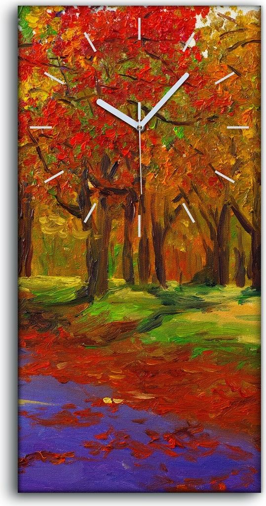 Wohnzimmer-Bild Leinwand Uhr Kunstdruck 30x60 Landschaft Gemälde Ahorn im Herbst - weiße Hände