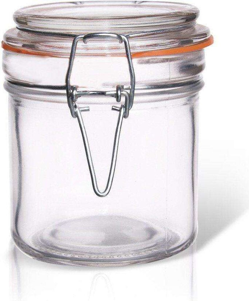 A clear studio shot of an empty glass jar with a wire bail closure and an orange rubber seal.