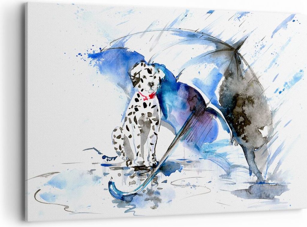 Bild auf Leinwand - Leinwandbild - Hund Regenschirm Regen Wetter - 120x80cm - Wand Bild - Wanddeko - Leinwanddruck - Bilder - Kunstdruck - Wanddeko...