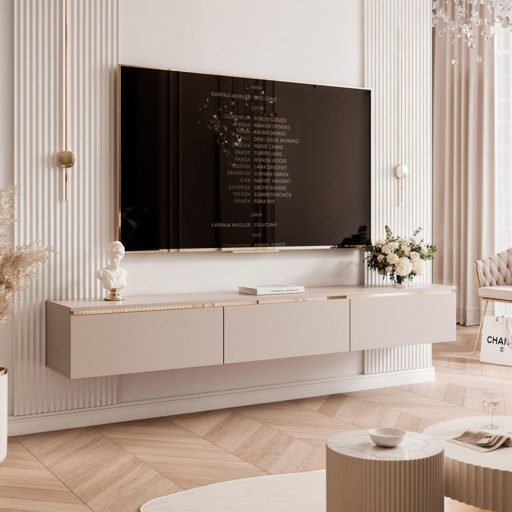 Idohome TV-Lowboard 200 cm, Kaschmir, goldene Zierleiste, Push-to-Open, eleganter TV-Hängeschrank, Fernsehschrank, TV-Schränke mit LED - SELIA