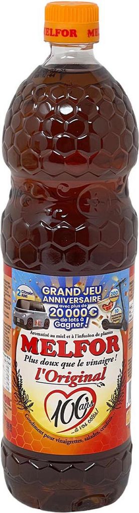 A bottle of Melfor Original vinegar condiment with honey and herbs.