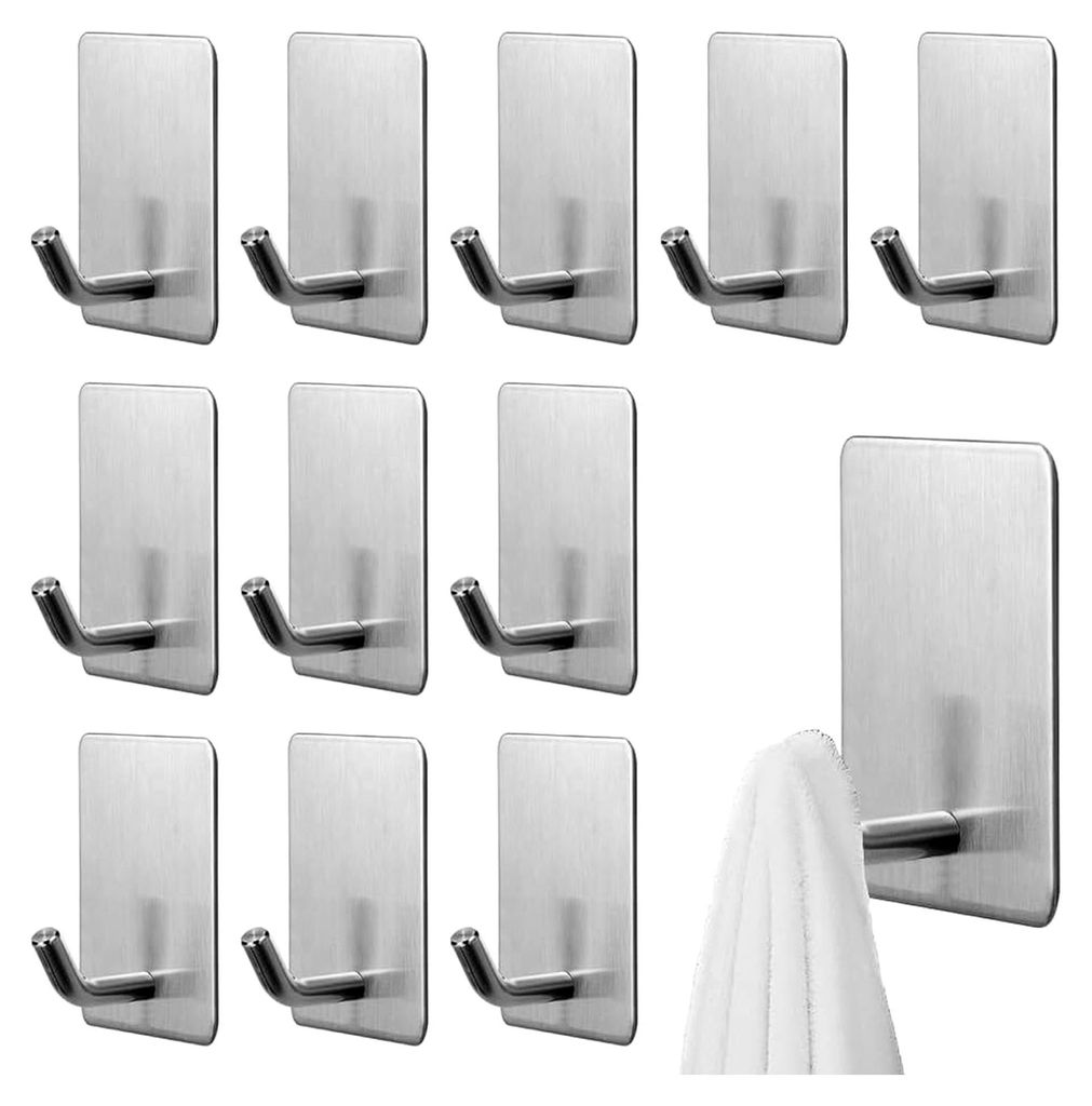 12 Stück Selbstklebende Klebehaken aus Edelstahl in Silber für Wand, Schlafzimmer, Bad und Küche
